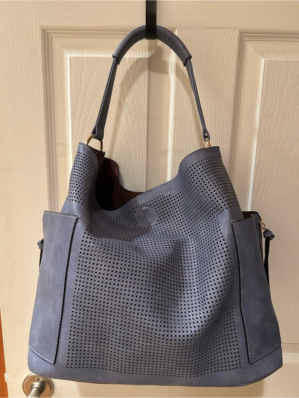 Le Miel Vegan Perforated Leather Hobo Top Handle Tote 11” deep Ocean Blue